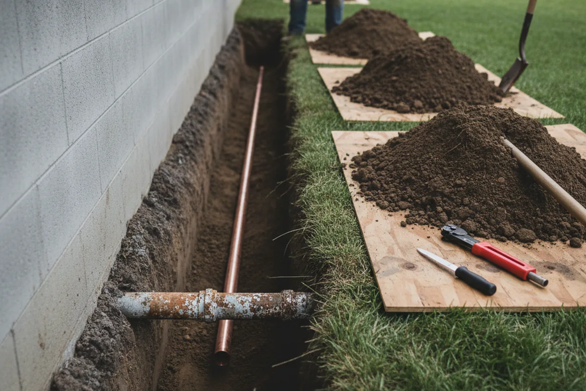 Excavated water line trench during Water Softener Installation in Sebastopol